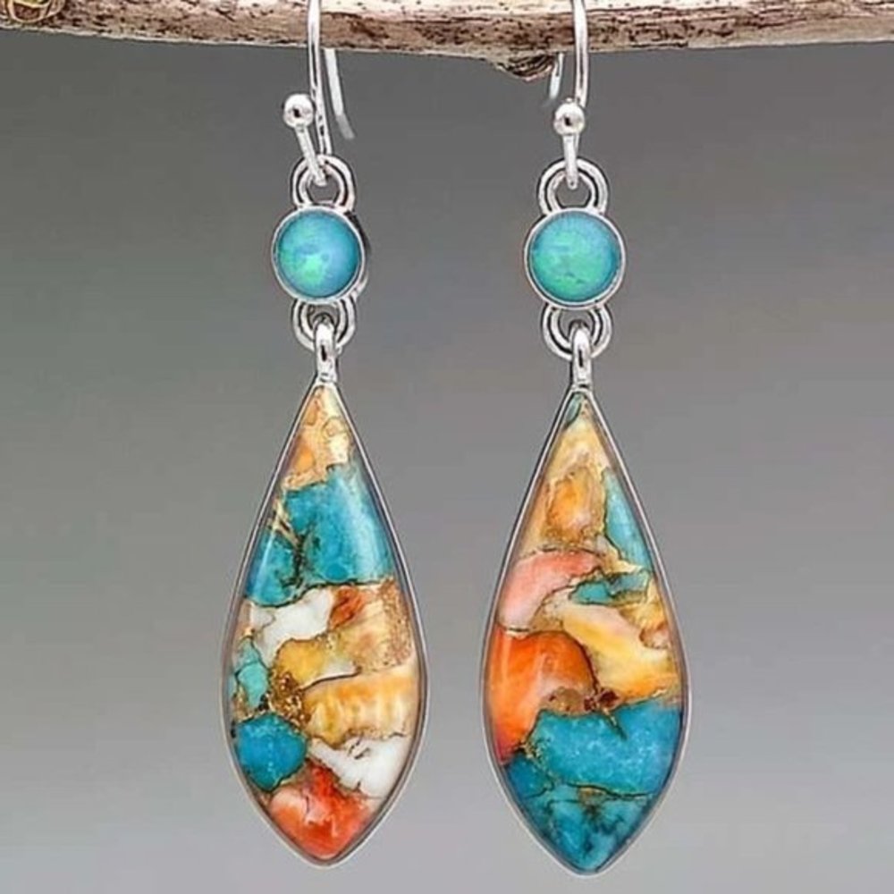 NEW Turquoise Silver Colored‎ Watercolor Geometric Drop Earrings